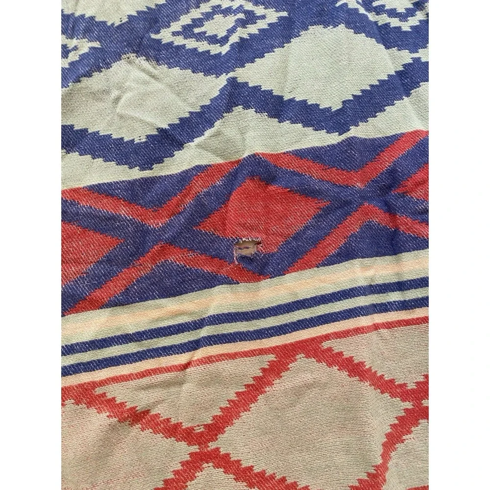 Vintage 30s 40s Cotton Camp Blanket Aztec Native Design Beacon? 76x69 Distressed
